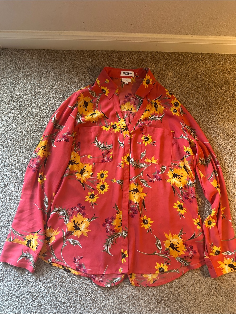 Express Red Floral Button-Down Shirt with Yellow Blooms